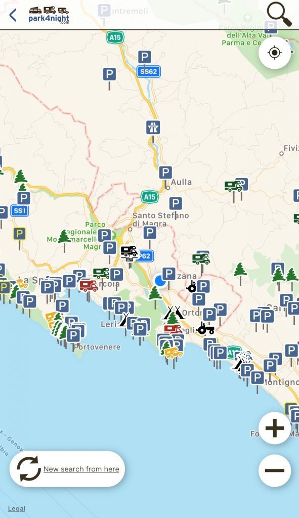 Park4night app map with camper spots and filters